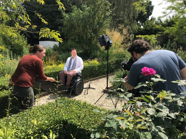 We Do Stories team filming with Mark Lane in his accessible garden.